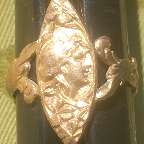 French 1900s Women ART NOUVEAU RING ~ Shamrock Clover & Women Portrait ~Gold Plated Brass ~ Pointed Ellipse ~Made in France~ Fine Antique ~7