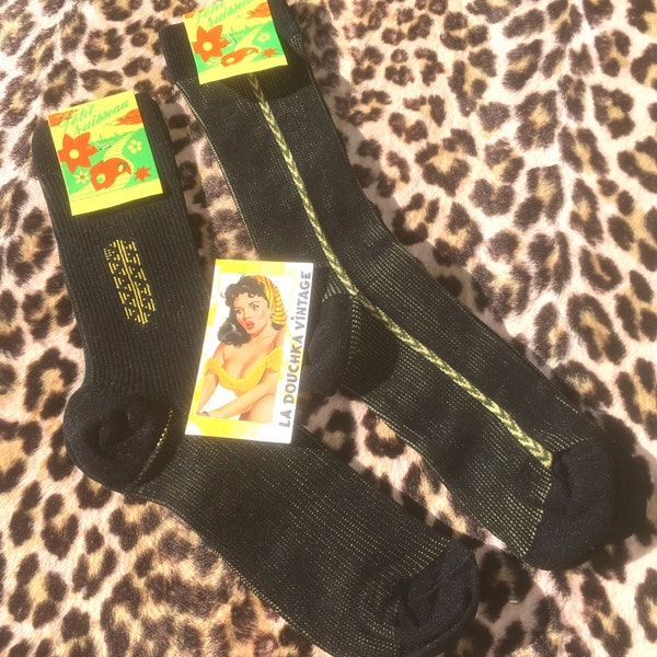 French Rockabilly 1950s MEN SOCKS ~ Lot of 2 ~ Black / Yellow / Green Geometric Designs~Cotton Blend~Made in France~ Unworn Vintage & Tag ~M