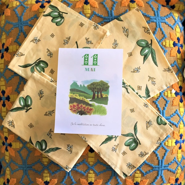 French Provence 1970s Provencal Print Cotton Napkins - Lot of 4 - Iconic Olive Design - Made in France - New / Unused - 19 x 15.5