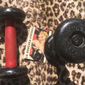 French 1920s Men DUMBBELLS WEIGHTS PAIR~ Cast Iron & Wood ~ Made in France ~ Good Condition ~ 1.5 kilo Each ~ Great Addition to a Collection