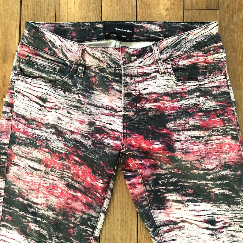 French Designer The Kooples Women Skinny Slim Pants - Black & Red Bold Design with Logo - Rock'n Roll Spirit - Rare Print - Mint -XS/S -W:26 image 1