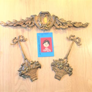 French Antique Brass Ormolu Louis XV Rococo Baroque Furniture Ornaments - 3 Matching Pieces - Carved Basket with Bow  & Large Pediment