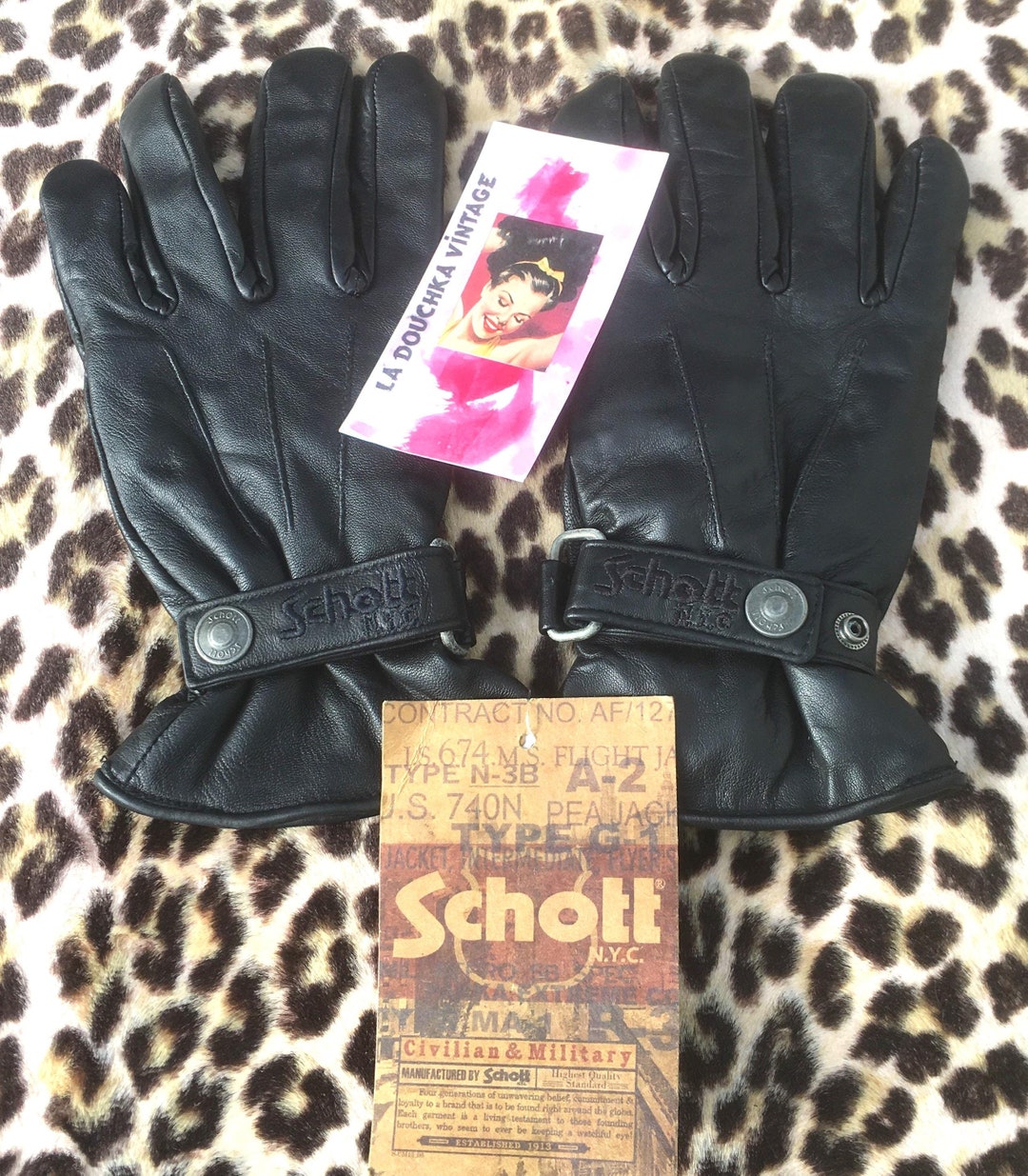 流行に  N.Y.C SCHOTT 1980s Leather Black ~ Logo & GLOVES Winter Men 小物