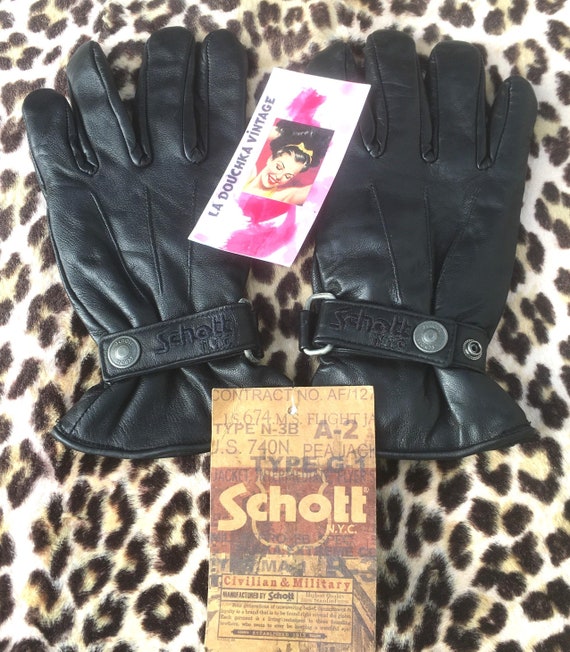 SCHOTT N.Y.C 1980s Men Winter GLOVES & Logo ~ Black Leather