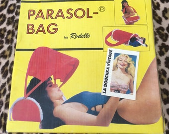 French Rodelle 1980s PORTABLE PARASOL BAG~ Beach / Pool Head Sun Shade Cushion ~ Foldable ~ New in Box : Rare Unused Vintage