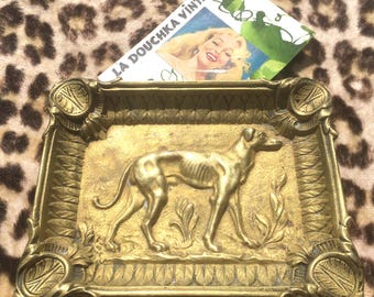 FRENCH Edwardian 1900s Trinket DISH / ASHTRAY~ Greyhound / Whippet Dog ~ Carved Gilded Bronze ~ Made in France ~ One of the Kind Antique