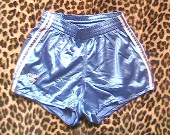 French 1980s Women Soccer Roller Skater Running ATHLETIC SHORTS~Disco Blue Nylon & Stripes ~Made in France~Unworn Vintage~ XS~W: 21 up to 24