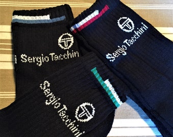 Sergio Tacchini 1990s Men Vintage Athletic Tennis Sport Tube Socks - Black Soft Cotton & Logo Signature  - Lot of 3 - New -US 7/9 - FR 39/42