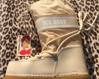 French 1980s Unisex SNOW BOOTS ~ Tan & White ~ Lined ~ Made in France ~ Rare Vintage ~ L/XL
