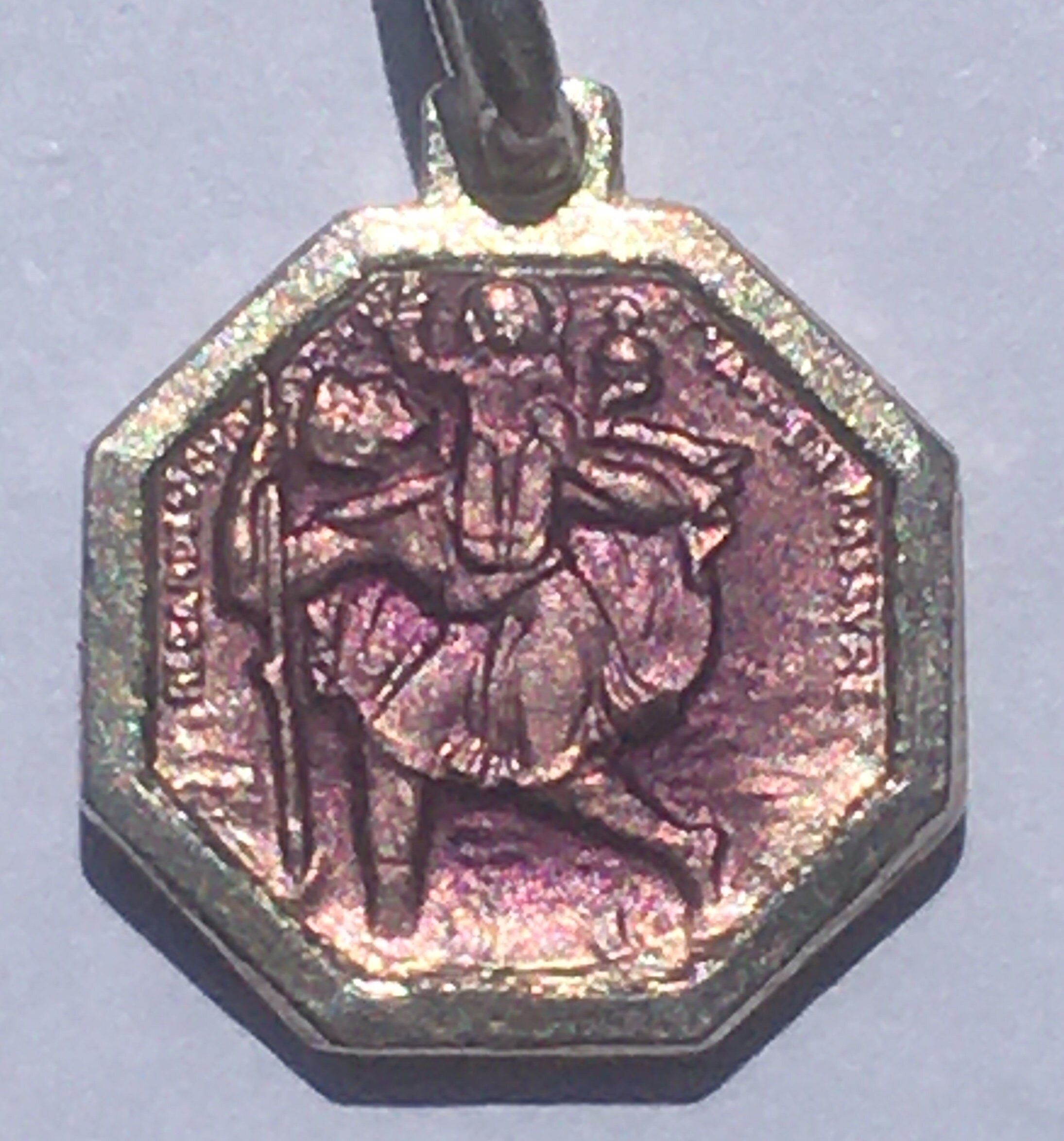 French 1940s Religious Small Charm Medal ~ SAINT CHRISTOPHER & Antique Classic CAR ~ Sterling Silver with Purple Enamel ~Made in France~ New