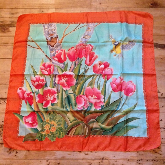 French Vintage Large Silk Scarf - Stunning Hand P… - image 1