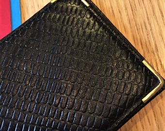 French 1960s Unisex Credit / Business Cards Holder Bifold Wallet- Stylish Black Embossed Leather : Reptile Print -Made in France- New/Unused