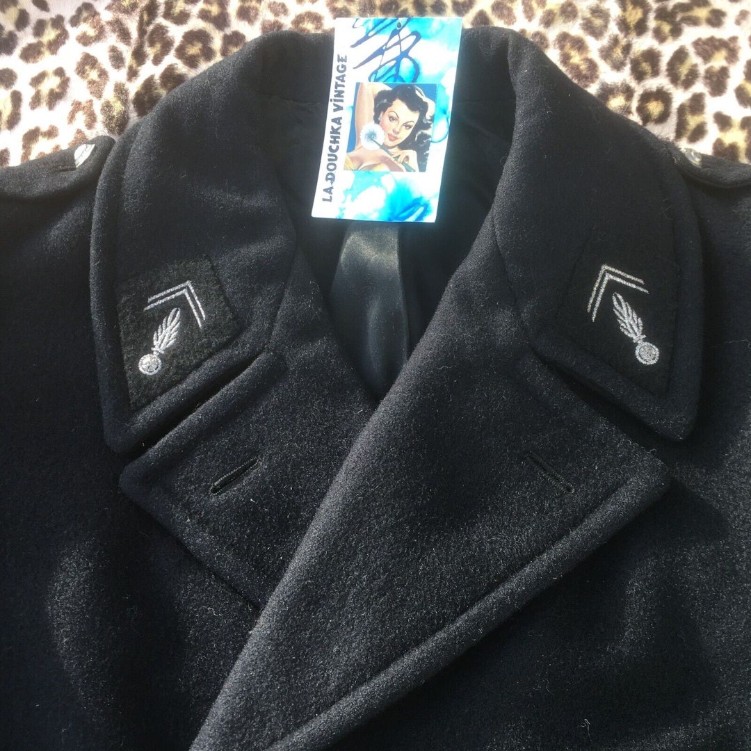 Manteau caban d'infanterie pour hommes de l'arm?�e fran?�aise des ann?�es 1950 laine noire patchs 