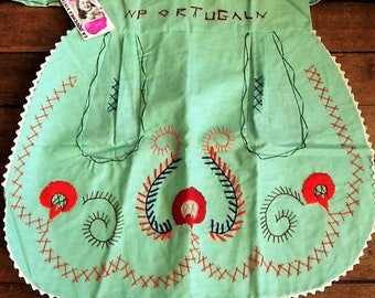 Lovely 1950s Vintage Woman Kitchen Short Waist Tie-Up Back Apron - Aqua Green Linen & Colorful Hand Embroideries - Made in Portugal - New