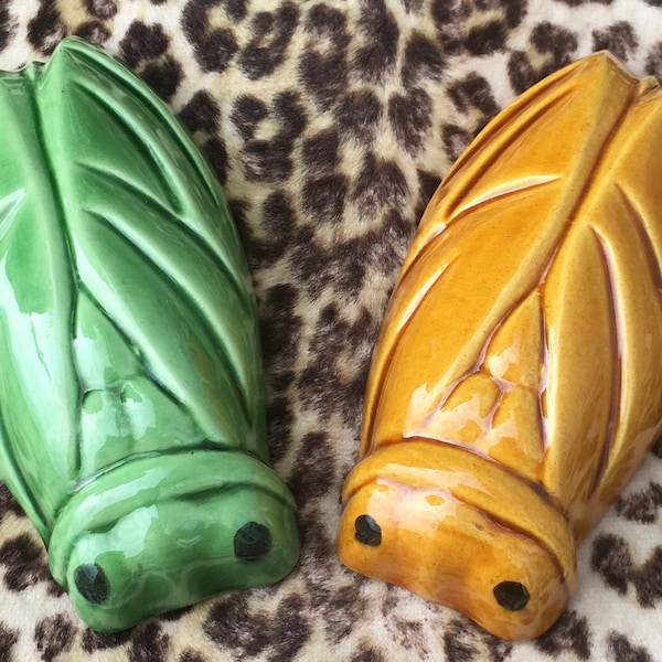 French 1960s CICADA WALL ORNAMENT~ Set of 2 ~ Hand Painted Signed Glazed Ceramic ~Made in Provence~ Porch / Patio / Garden / Outdoor Decor