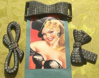 French Art Deco 1920s Clothing / Shoes / Hats / Belts BEADED BOWS ORNAMENTS ~ Black Celluloid & Rhinestones~ Made in France ~ New/Old Stock