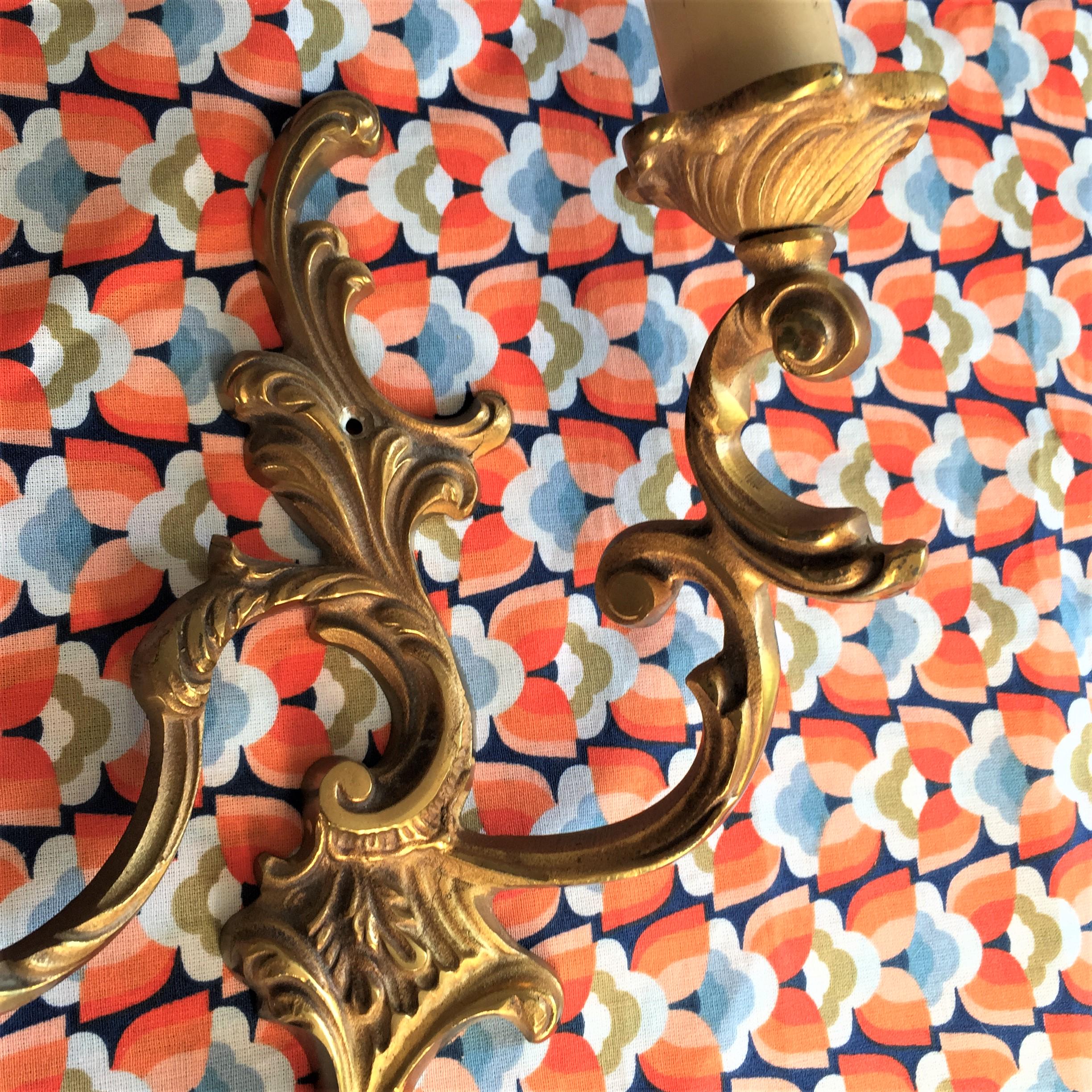French Stamped Wall Mounted Light Lamp Candle Sconce - Double Arm - Gilt Brass Louis XV Rococo Baroque Style - Mint Vintage from France