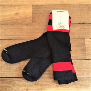 French 1970s Soccer Roller High Socks - Old School Style - Black with Red Stripes - Made in France - New & Tag - US 6/7.5 - FR 36/38