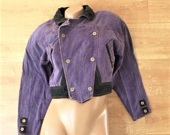 One of the Kind French 1980s Unisex Women Men Vintage New Wave Purple Denim Jacket - Unique Crop Design - Mint - M