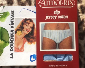 Slip bikini a vita bassa da uomo FRENCH Armor Lux anni '60 ~ Cotone blu a righe ~ Prodotto in Francia ~ Nuovo nella scatola: mai indossato Vintage ~ M