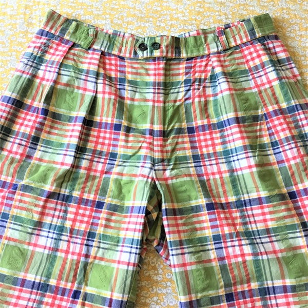 French 1980s Men Classic Sport Shorts Bermudas - Colourful Plaid - Preppy Golf Style - Made in France - New - M