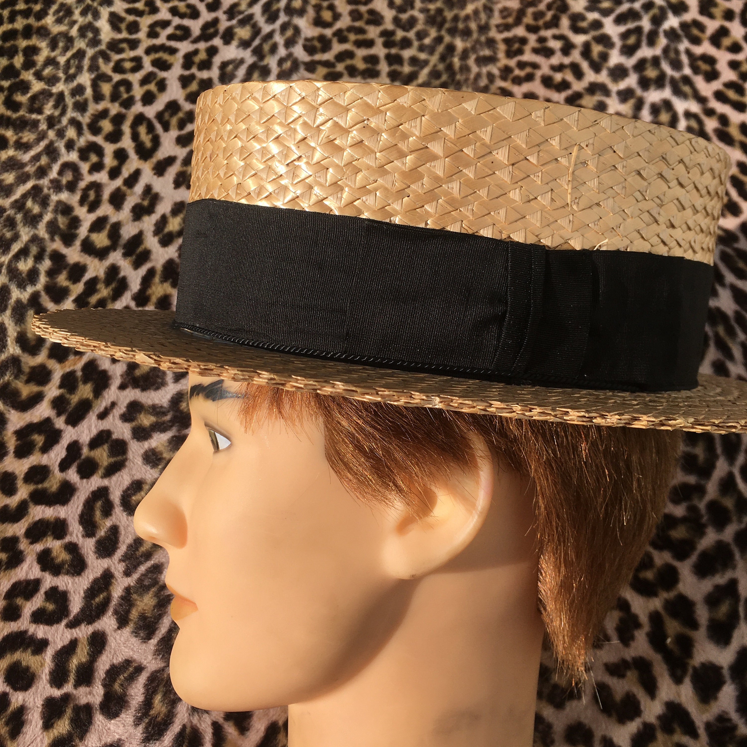 French Edwardian 1900s Men Canotier BOATER STRAW HAT ~ Skimmer / Can-Can  Design ~ Made in France ~ Rare New/Old stock : Unworn Vintage ~ L