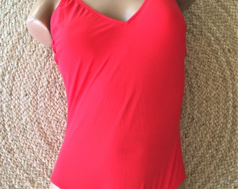 Traje de baño francés de 1980 para mujer vintage de 1 pieza y detalles de cuentas rojas - Hecho en Francia - Nuevo - 36B - M/L