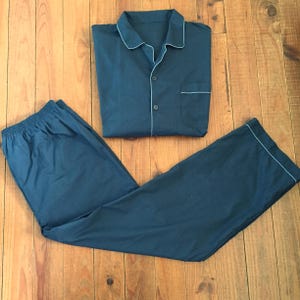 French 1980s Men Vintage Nightwear Lounge wear 2 Pieces Classic Pyjamas Set - Teal Blue & Contrasting Stitching - Cotton Blend - New - XXL