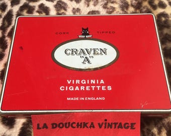 CRAVEN "A" 1960s Tin Metal CIGARETTE CASE~ Cork Tipped Virginia Cigarettes ~Made in England~ 5.3/4 x 4.1/4 x 0.5" ~ From a French Collection