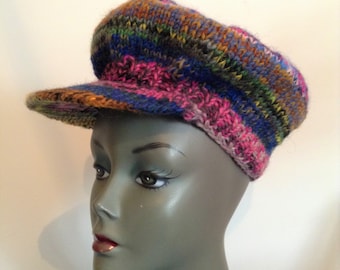 French 1970s Women Vintage Oversized Gavroche Newboys Cap Hat - Multicolored Knit & Fully Lined with Fleece - Made in France - New