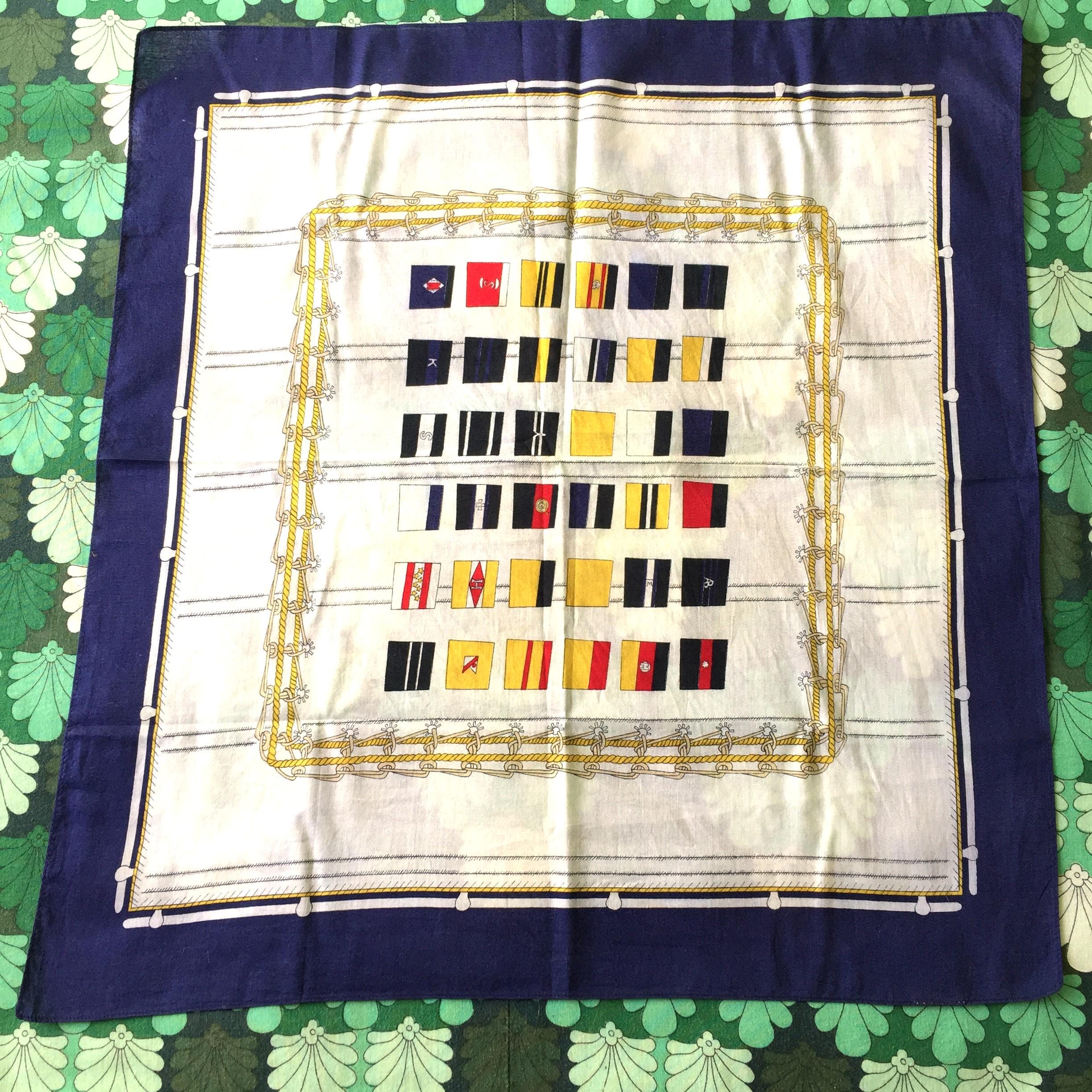 French 1970s Women Vintage Cotton Scarf - Timeless Sailing Sailor Nautical Theme & Maritime Flags and Rope - Made in France - New - 20 x 21