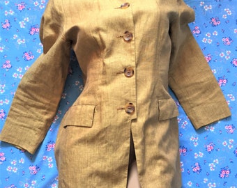 French Designer Women Vintage Feminine Fitted Lined Linen Long Blazer Jacket - Stylish Terracotta Colour  & Mao Collar - Made in Spain-New-S