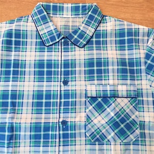 French 1980s Men Nightwear Lounge wear 2 Pieces Classic Pyjamas Set - Blue & Green Check Stripes - Cotton Blend - New : Unworn Vintage - XXL
