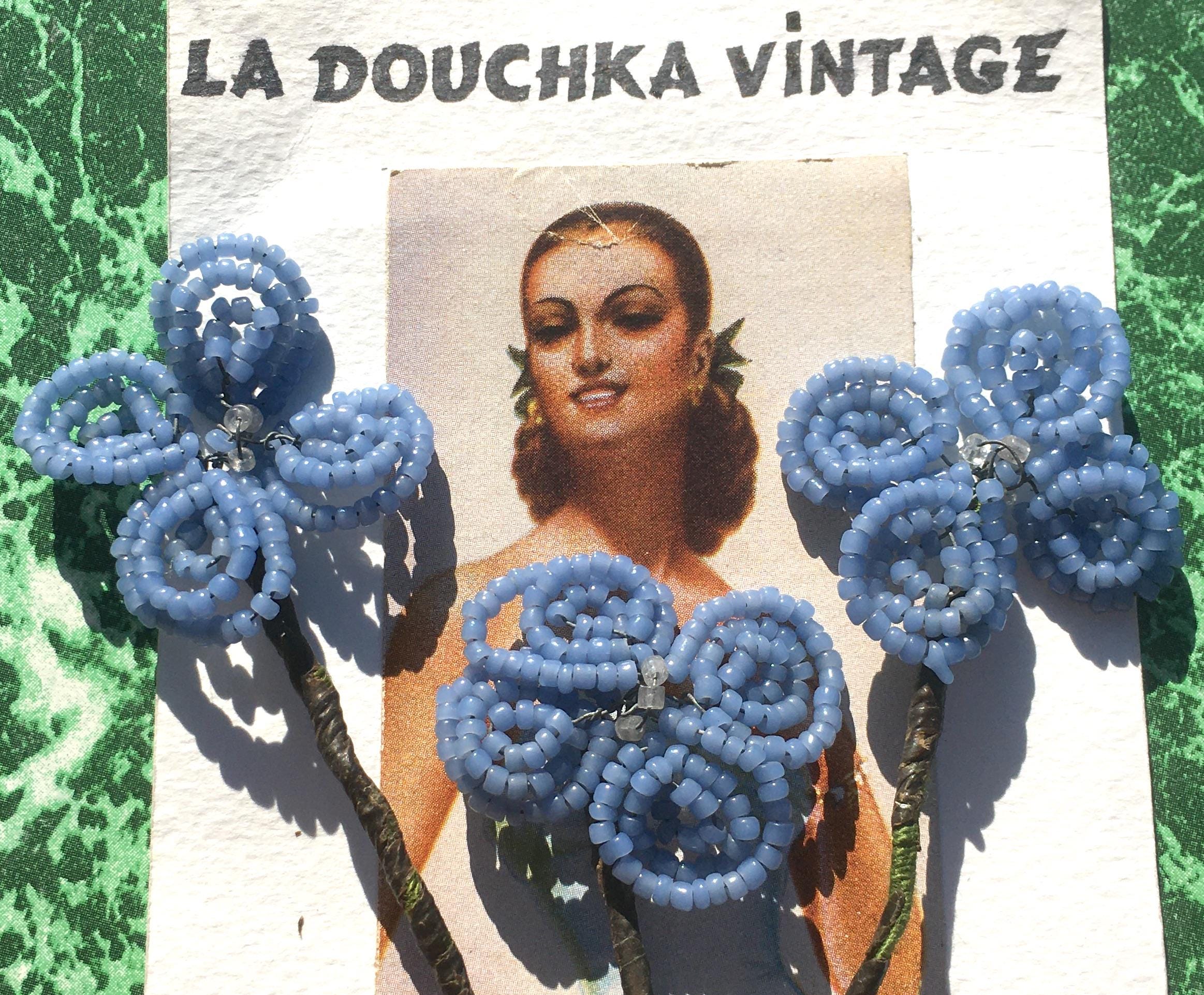 French 1800s/1900s BEADED FLOWERS & STEMS ~ Lot of 3 ~blue