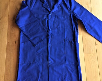 French 1960s Men Vintage Long Work Chore Lab Coat - Cobalt Blue Cotton Blend - Made in France - New Workwear - XL