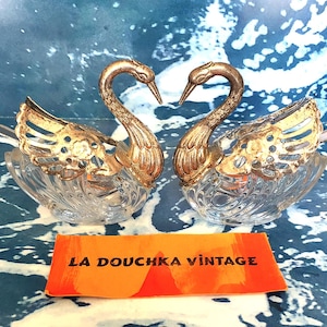 French 1960s Vintage Salt Pepper Sugar Mustard Cellars - Set of 2 - Silver Plated and Glass Swan with Articulated Wings and Matching Spoons