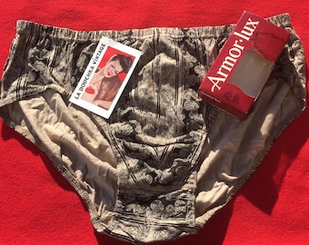 BRAGUITA BIKINI DE CINTURA BAJA PARA HOMBRE FRANCÉS DE LOS AÑOS 70 ~ Algodón peinado negro y tostado ~ Rayas/Cachemir ~ Hecho en Francia ~ Nuevo en caja: Vintage sin usar ~ L