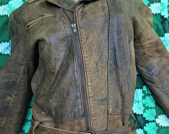 Timeless 1970s Unisex Women Men Vintage Zippered Jacket - Distressed Brown Leather - Perfecto / Biker / Motorcycle Style - Fully Lined - S/M