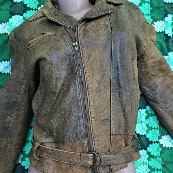 Veste zippée vintage unisexe femmes hommes des années 1970 - Cuir marron vieilli - Perfecto / Style motard / Moto - Entièrement doublé - S/M