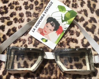 Gafas de aviador francesas de los años 30 con visera solar extraíble ~ Motociclismo / Piloto / Carreras ~ Blanco / Plata ~ Hechas en Francia ~ Artículo vintage raro