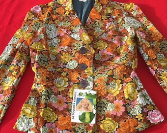 FRANZÖSISCHE 1960er/1970er Jahre Frauen JACKE ~ Eye-Catcher Blumendruck ~ breiter Kragen ~ Boho / Hippie / Festival ~Made in France~ S/M