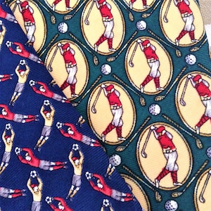 French 1990s Vintage Necktie Tie - Lot of 2 - Soccer & Golf Print - Sports Theme - Bright Colours - New - So Much things to do with !