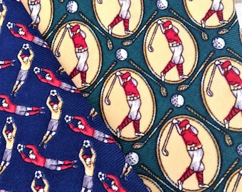 Francés 1990 Vintage Necktie Tie - Lote de 2 - Fútbol & Golf Print - Tema deportivo - Colores brillantes - Nuevo - Tantas cosas que hacer con !