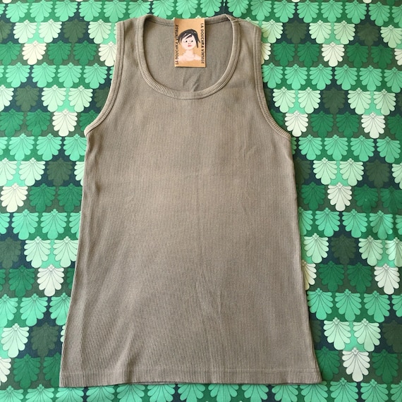 French 1970s Vintage Underwear Stretchable Undershirt Tank Top - Olive Army Green Combed Cotton - Made in France - New - S