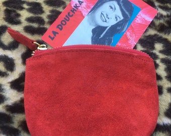 FRENCH 1960s Woman Vintage COIN WALLET & Removable Keyring - Christmas Red Suede Leather - Made in France - New : Unused Vintage