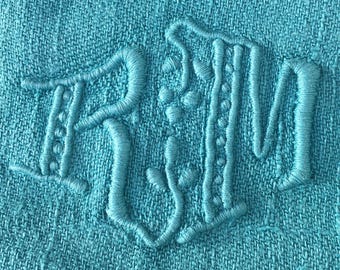 French 1900s LARGE KITCHEN TOWEL~ Green Brocade Metis Linen / Cotton ~ Floral / Birds ~ Hand Embroidered R & M Monogram  ~ 30 x 26"