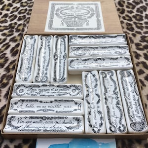 French ESTELLO 1970s CUTLERY HOLDERS / Knife Rests~ Set of 12 ~ Hand Painted White Ceramic ~ French Text ~ Made in Provence ~In Vintage Box