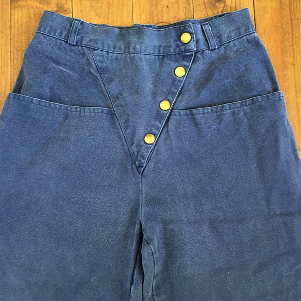 Unique en son genre Français Pantalon taille haute vintage femme des années 1980 - Coton bleu et ouverture asymétrique - Fabriqué en France - Inutilisé - XS -W:25