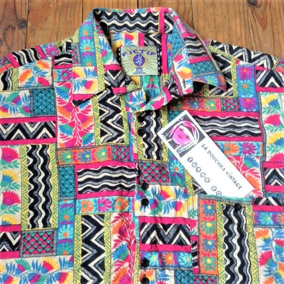 French 1980s Men Vintage Summer Casual Shirt Textured Cotton