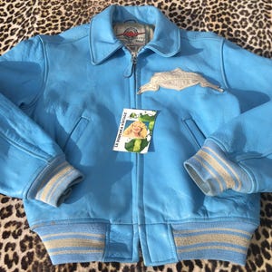 AVIREX 1980s Women JACKET & Patches ~ Iconic Bomber Style ~ Baby Blue Leather ~ Made in USA ~ Rare Vintage ~ S image 1